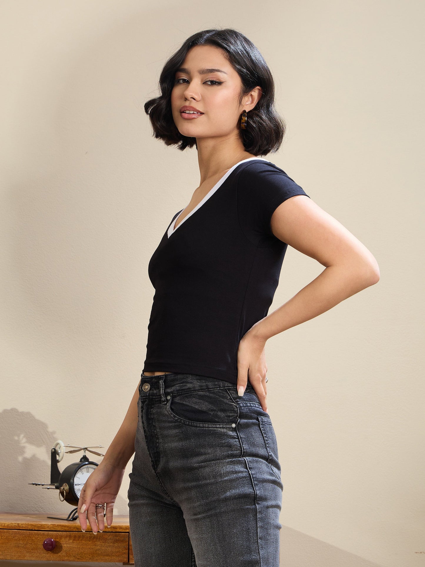 Black Contrast Deep V-Neck Crop T-Shirt