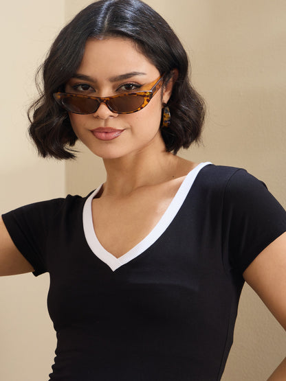 Black Contrast Deep V-Neck Crop T-Shirt
