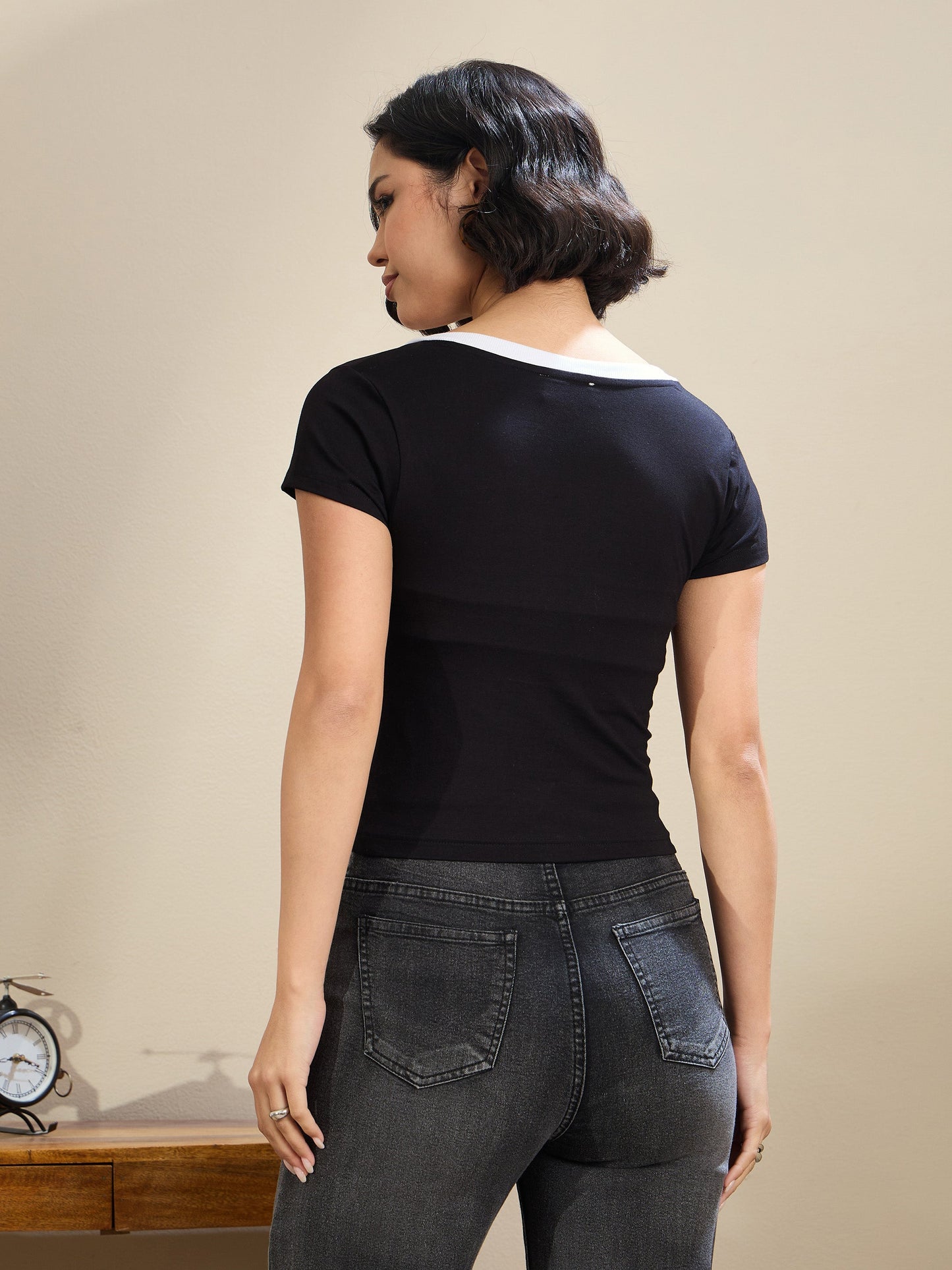 Black Contrast Deep V-Neck Crop T-Shirt