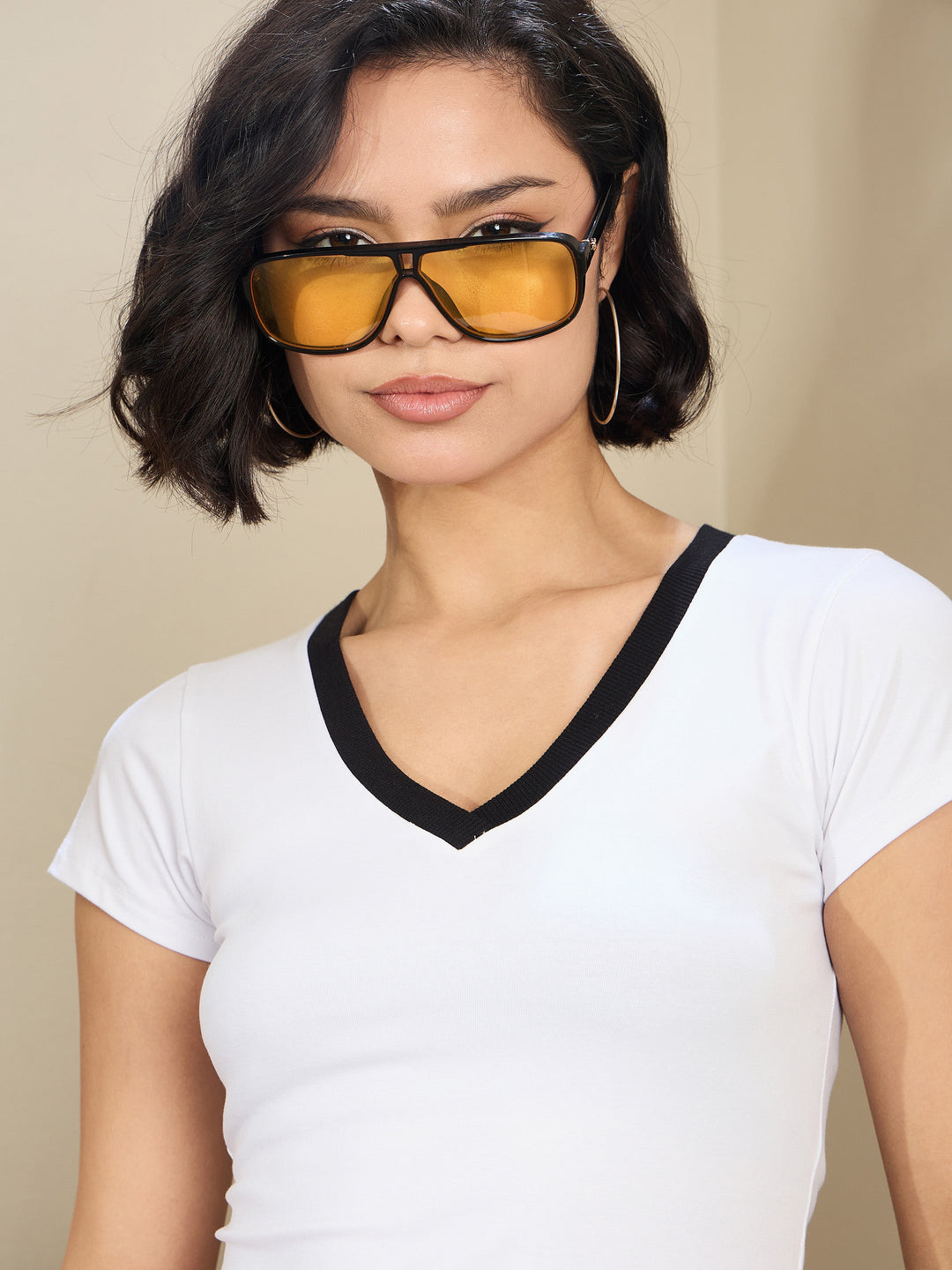 Women White Contrast Deep V-Neck Crop T-Shirt