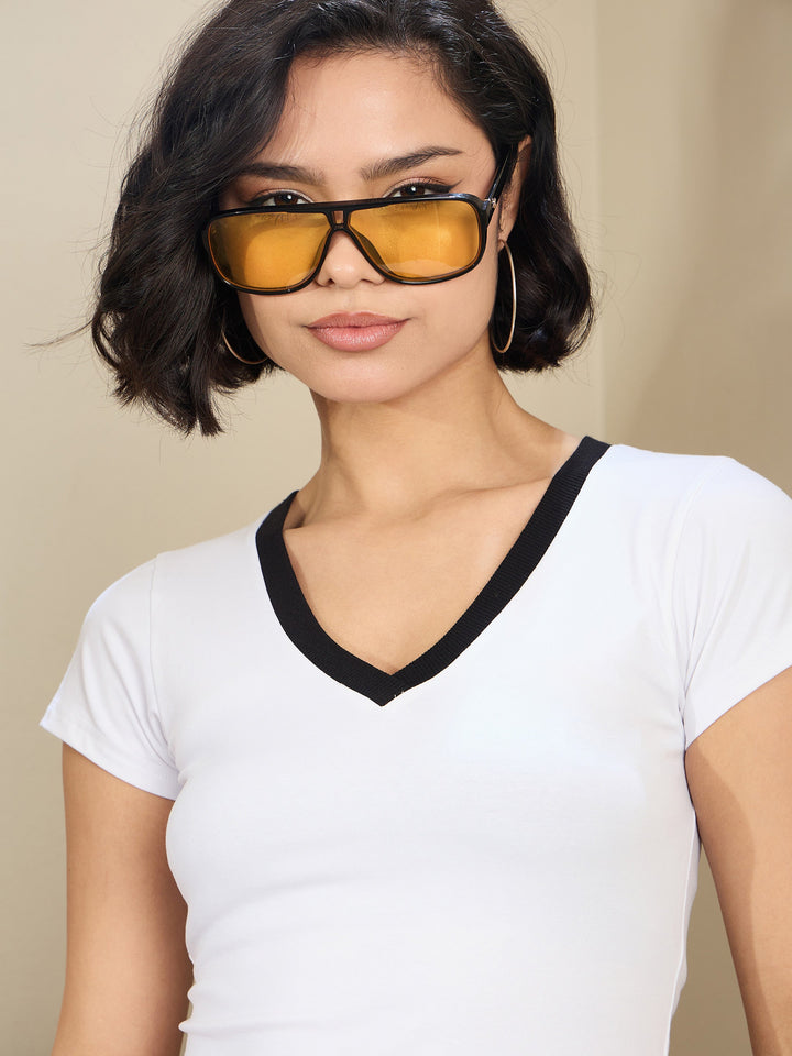 Women White Contrast Deep V-Neck Crop T-Shirt