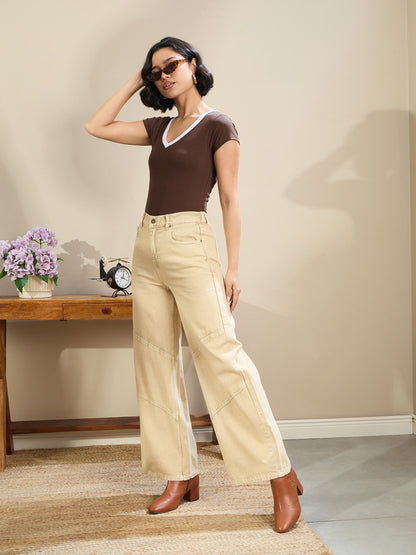 Brown Contrast Deep V-Neck Crop T-Shirt