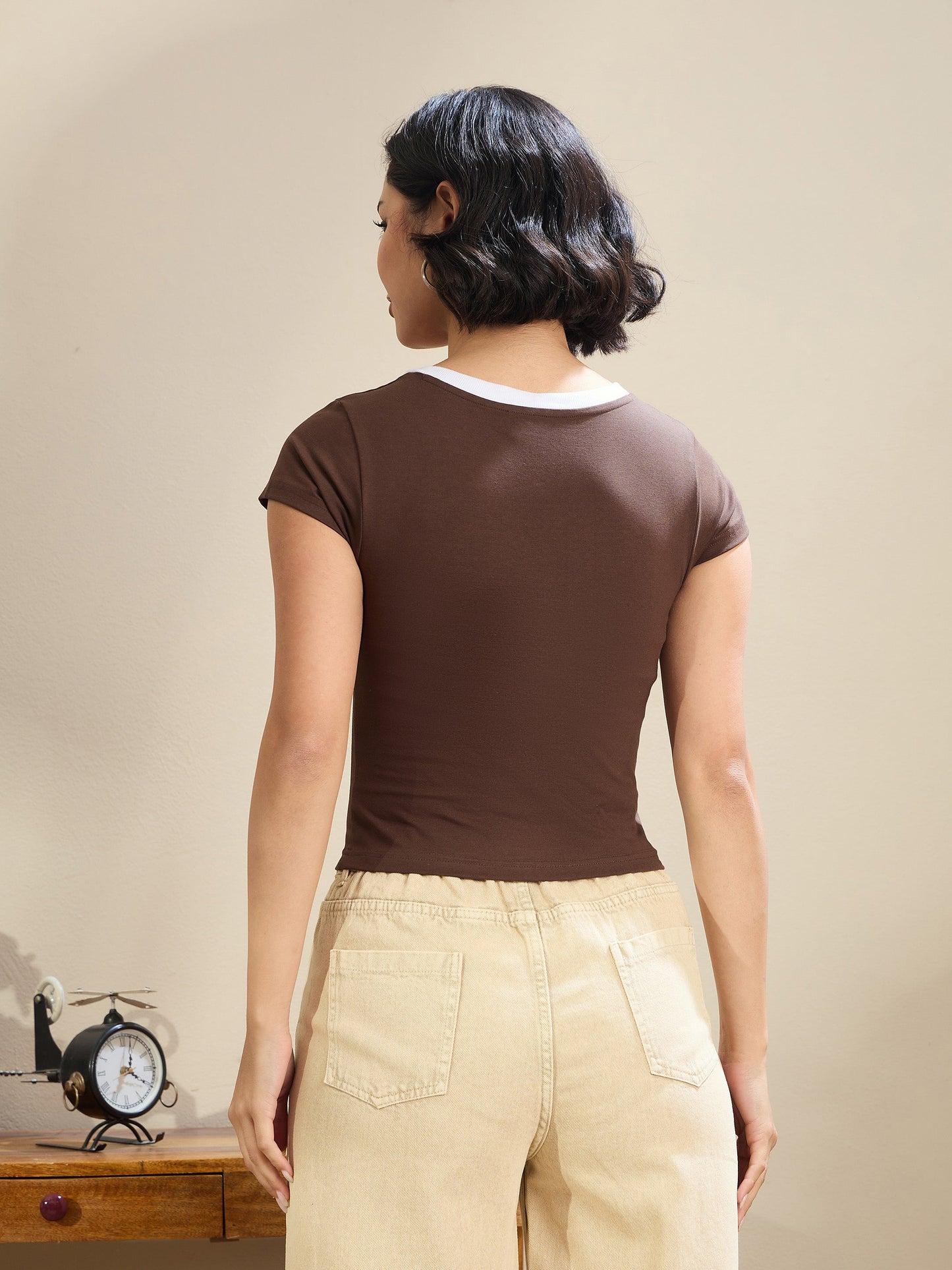 Brown Contrast Deep V-Neck Crop T-Shirt