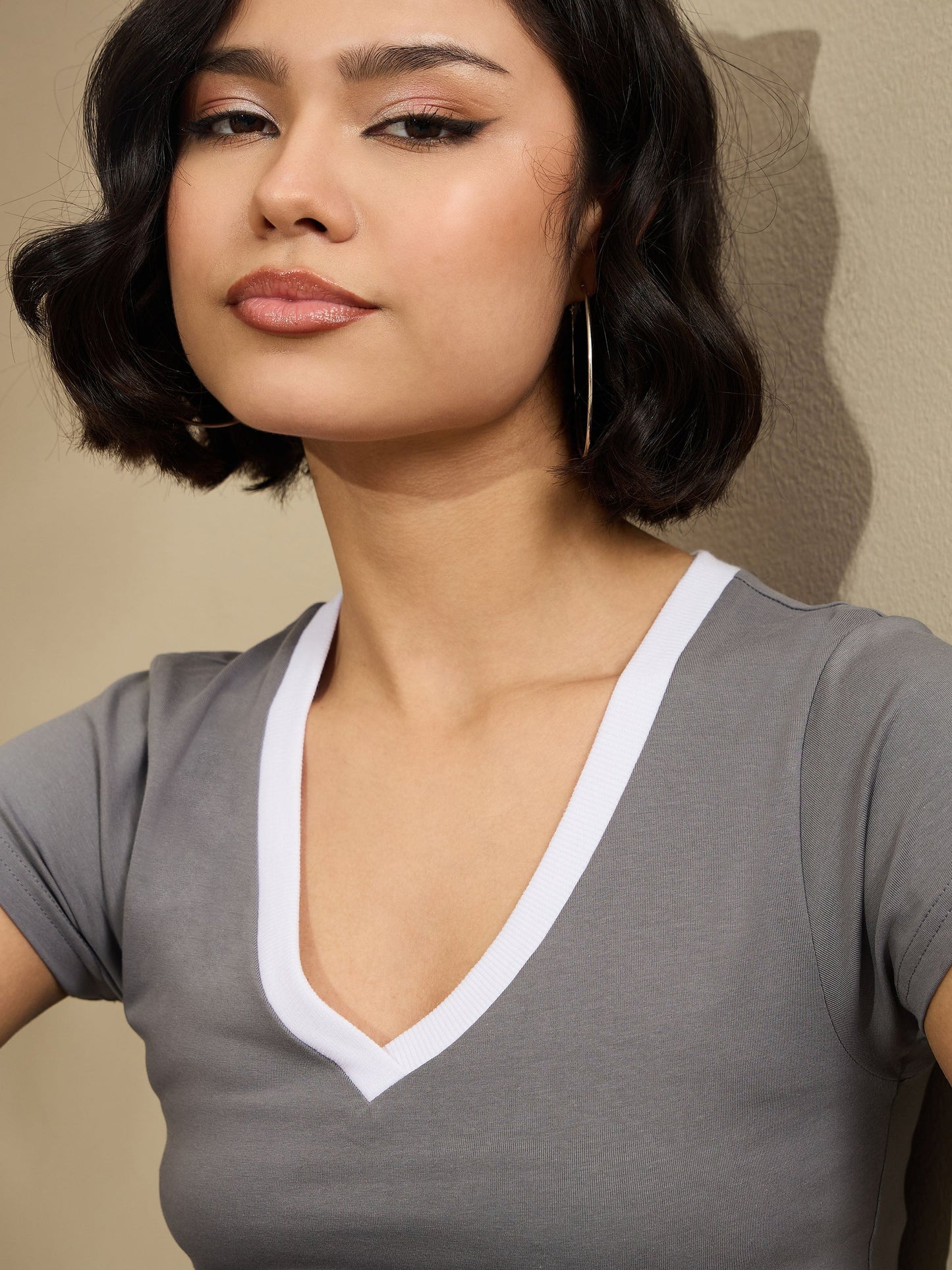 Grey Contrast Deep V-Neck Crop T-Shirt