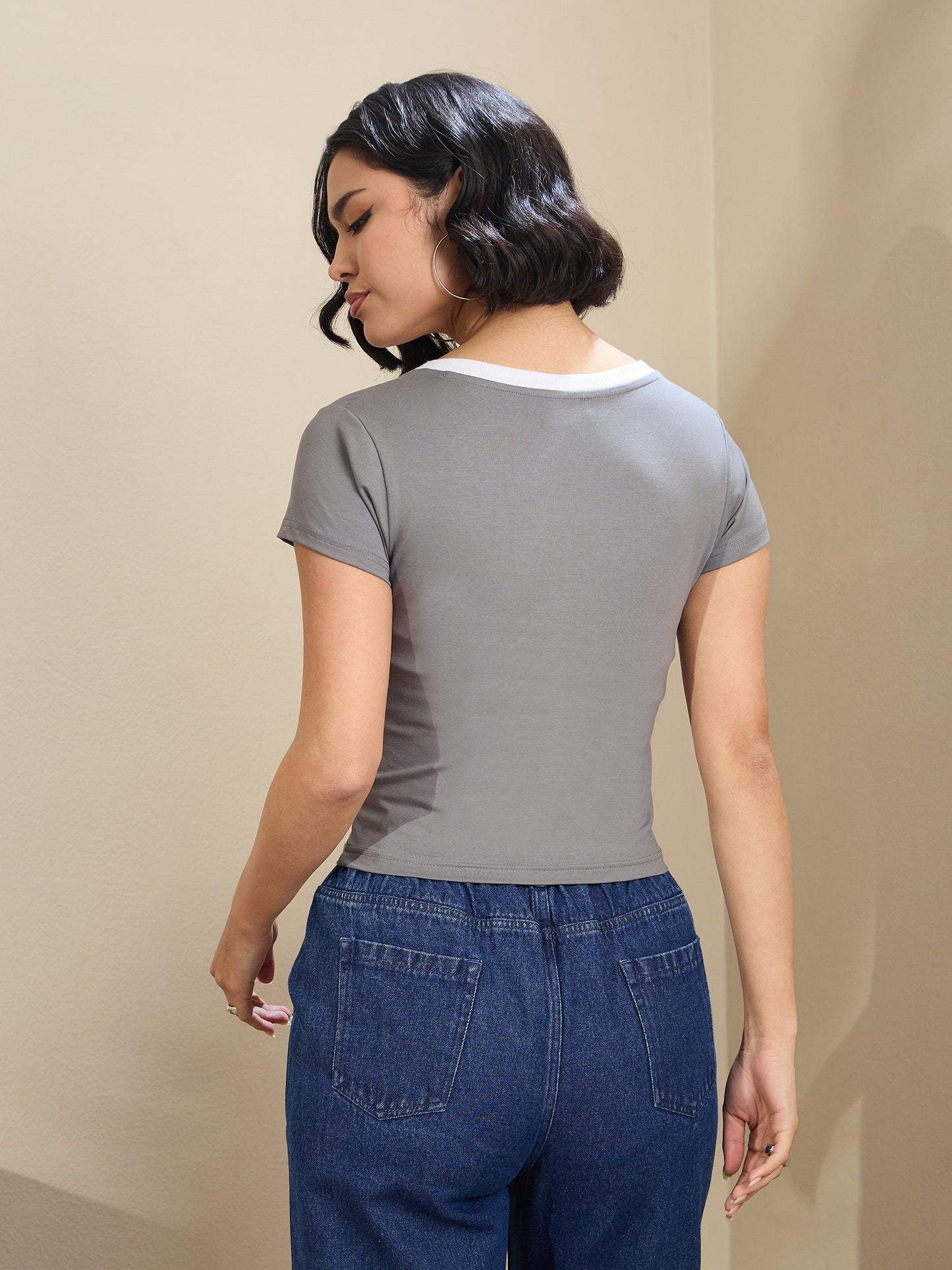 Grey Contrast Deep V-Neck Crop T-Shirt