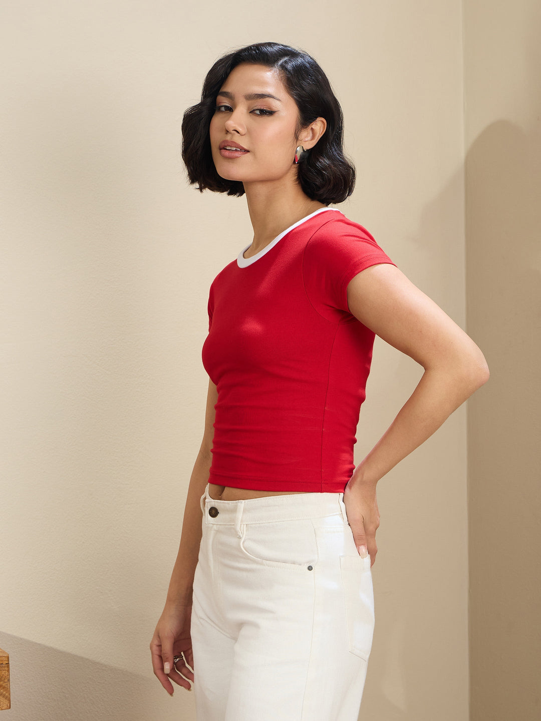 Women Red Contrast Round Neck Crop T-Shirt