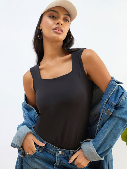 Black Rhombus Neck Sleeveless Bodysuit