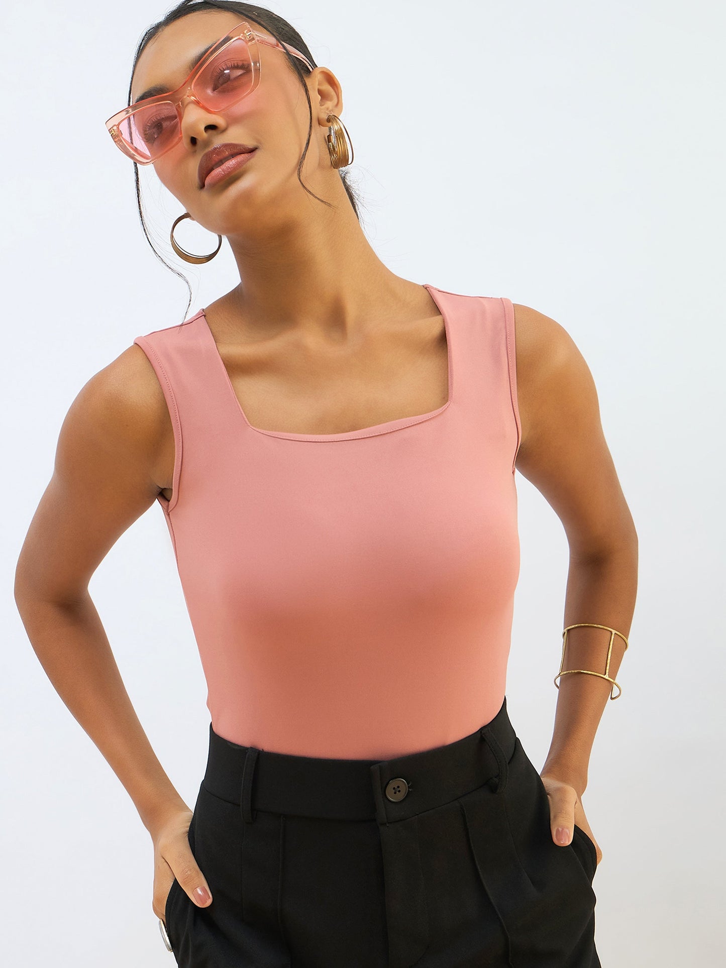 Pink Rhombus Neck Sleeveless Bodysuit