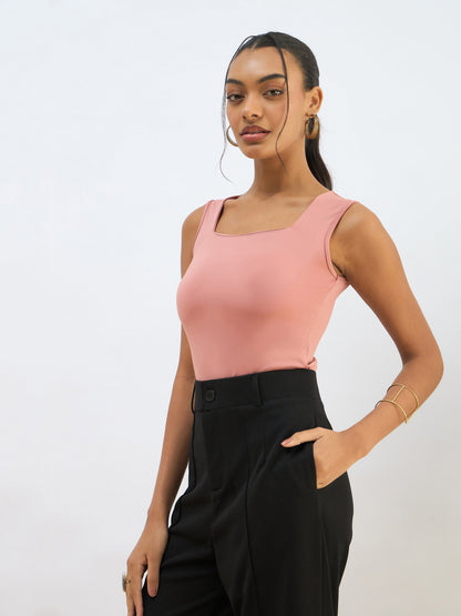 Pink Rhombus Neck Sleeveless Bodysuit