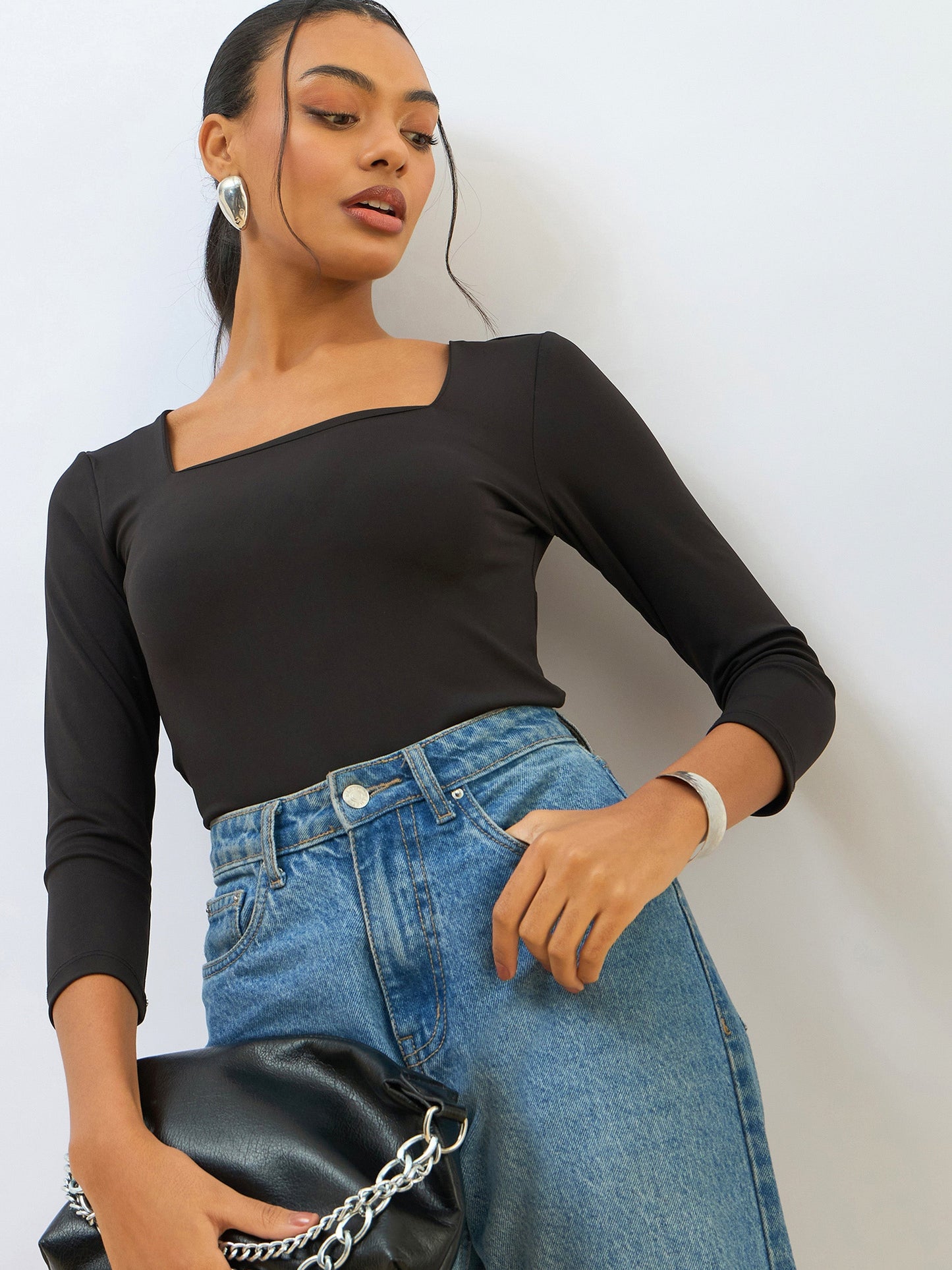Black Square Neck Knitted Crop Top
