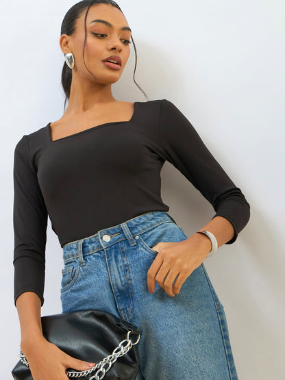 Black Square Neck Knitted Crop Top