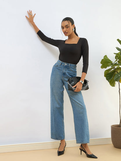 Black Square Neck Knitted Crop Top