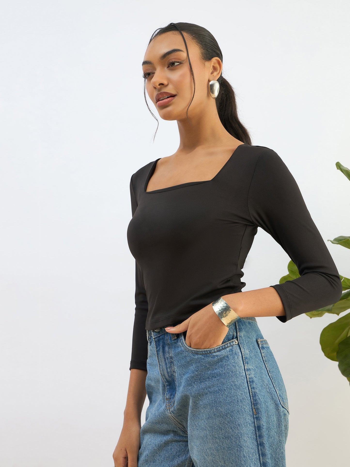 Black Square Neck Knitted Crop Top