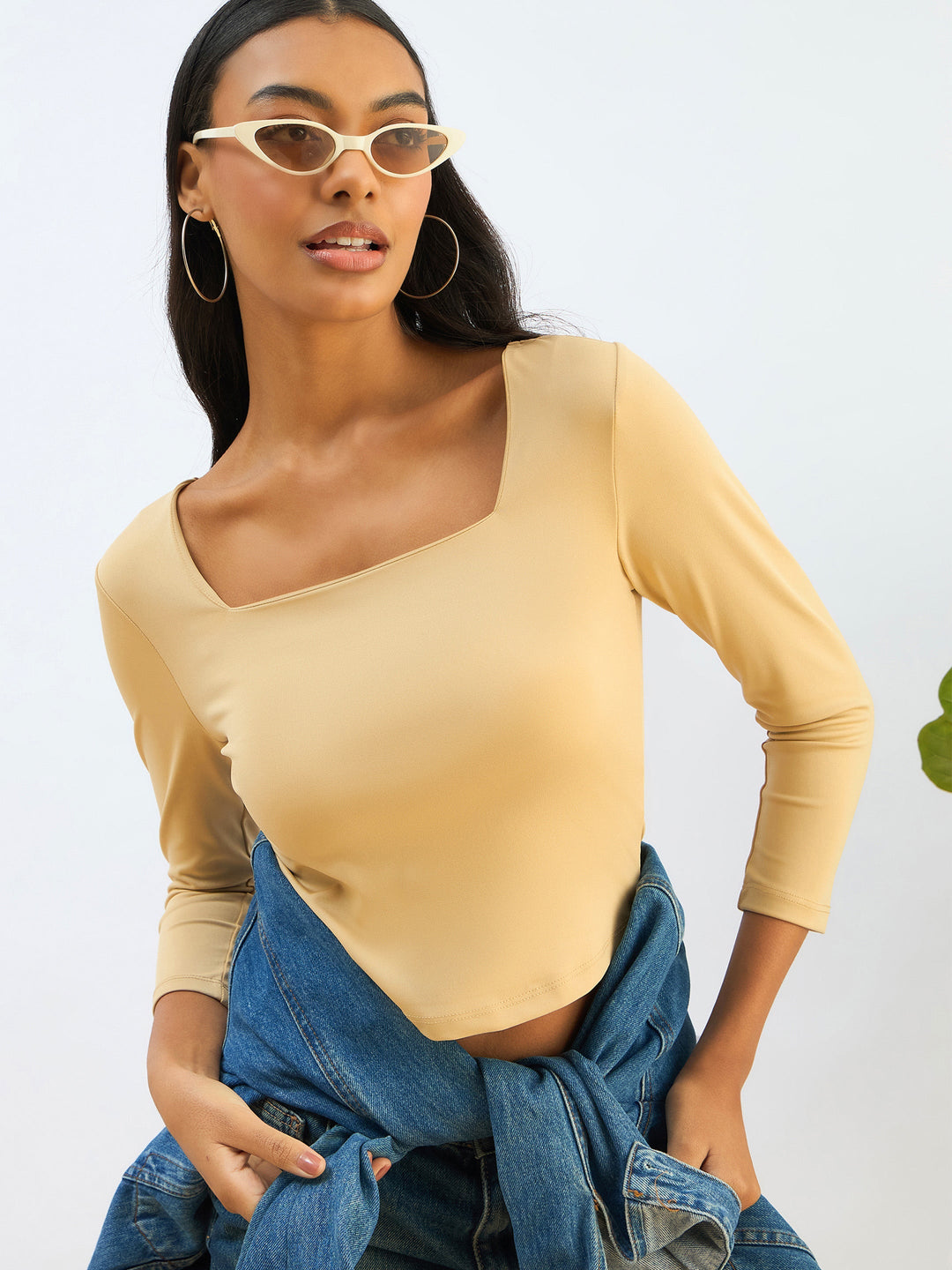 Women Beige Square Neck Knitted Crop Top