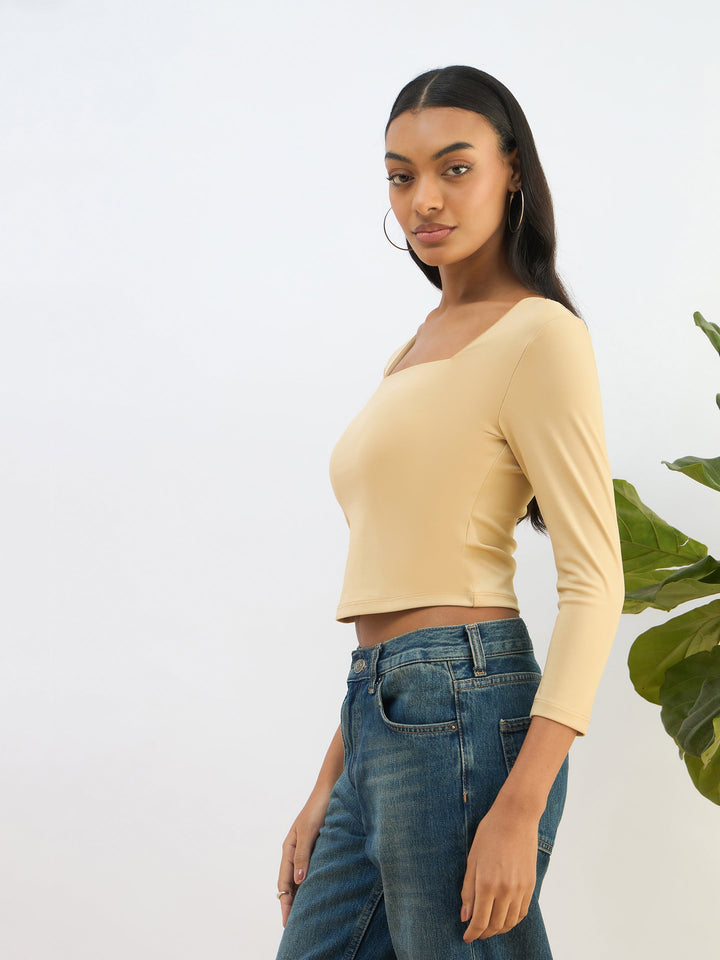 Women Beige Square Neck Knitted Crop Top