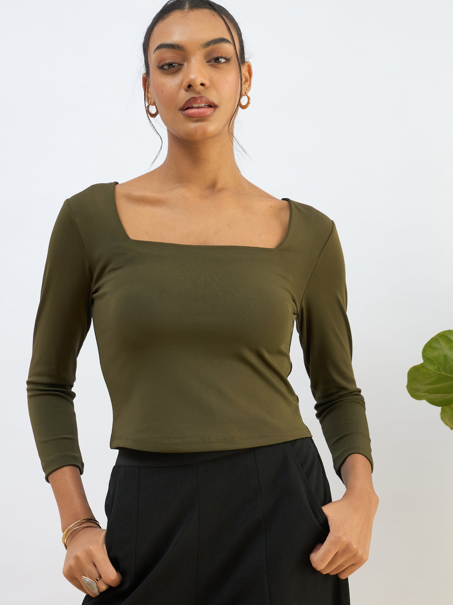 Olive Square Neck Knitted Crop Top
