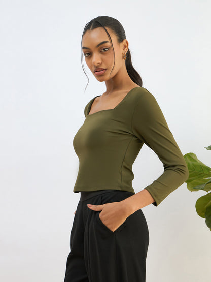Olive Square Neck Knitted Crop Top