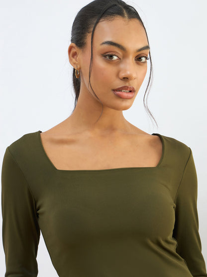 Olive Square Neck Knitted Crop Top