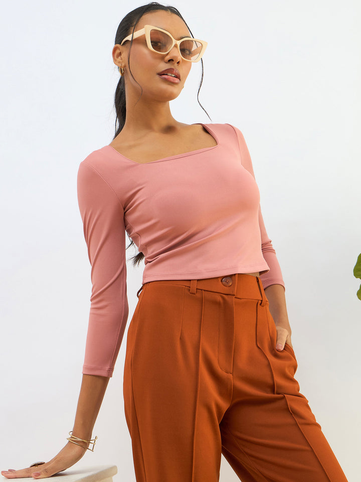 Women Pink Square Neck Knitted Crop Top