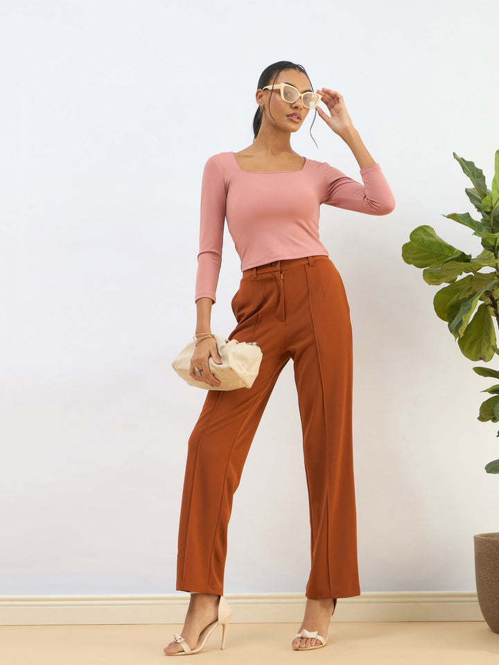 Women Pink Square Neck Knitted Crop Top