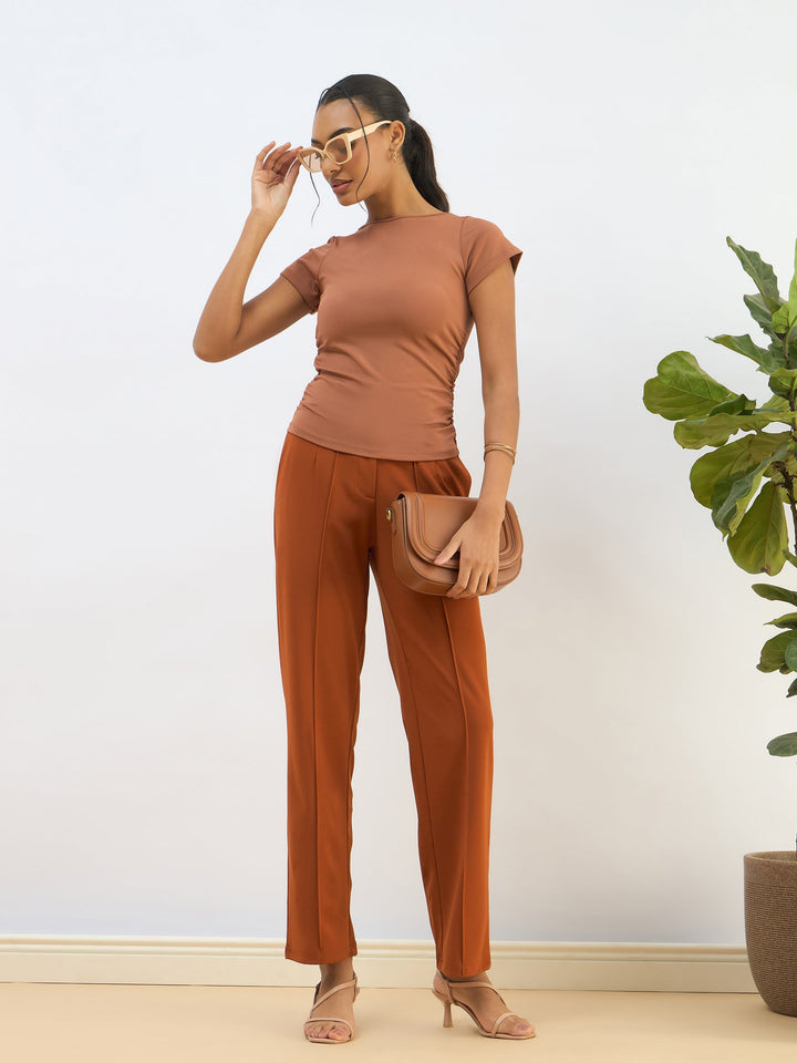 Women Rust Knitted Short Sleeve Ruched Crop Top