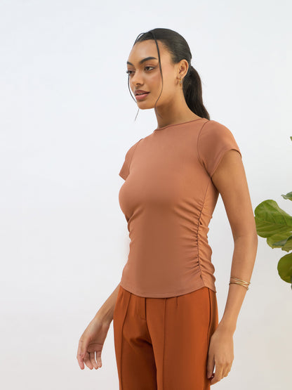Women Rust Knitted Short Sleeve Ruched Crop Top