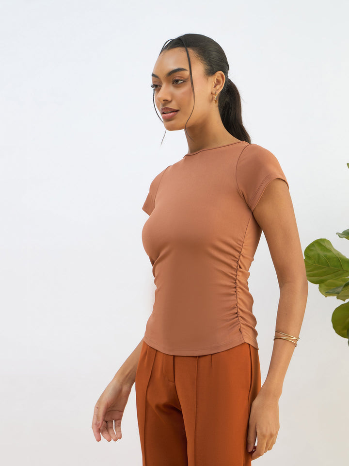 Women Rust Knitted Short Sleeve Ruched Crop Top