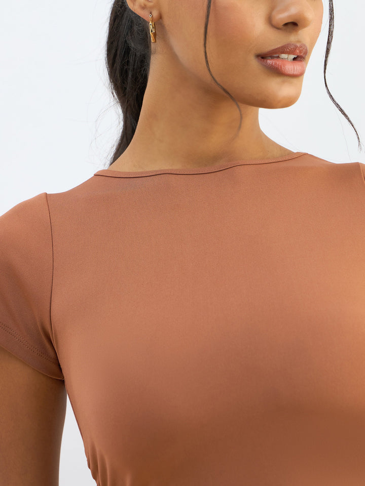 Women Rust Knitted Short Sleeve Ruched Crop Top