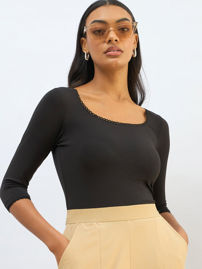 Black Knitted Lace Detail Crop Top