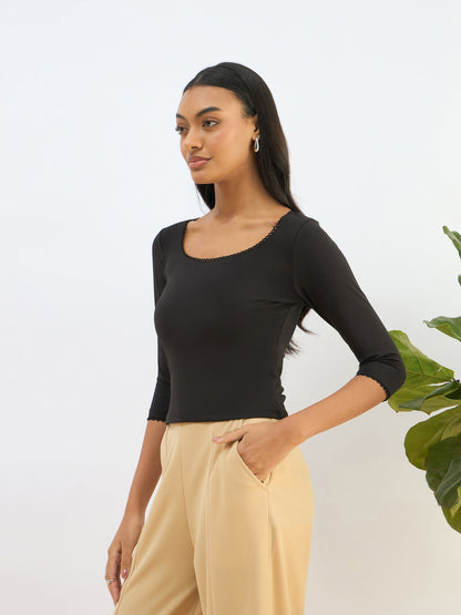 Black Knitted Lace Detail Crop Top