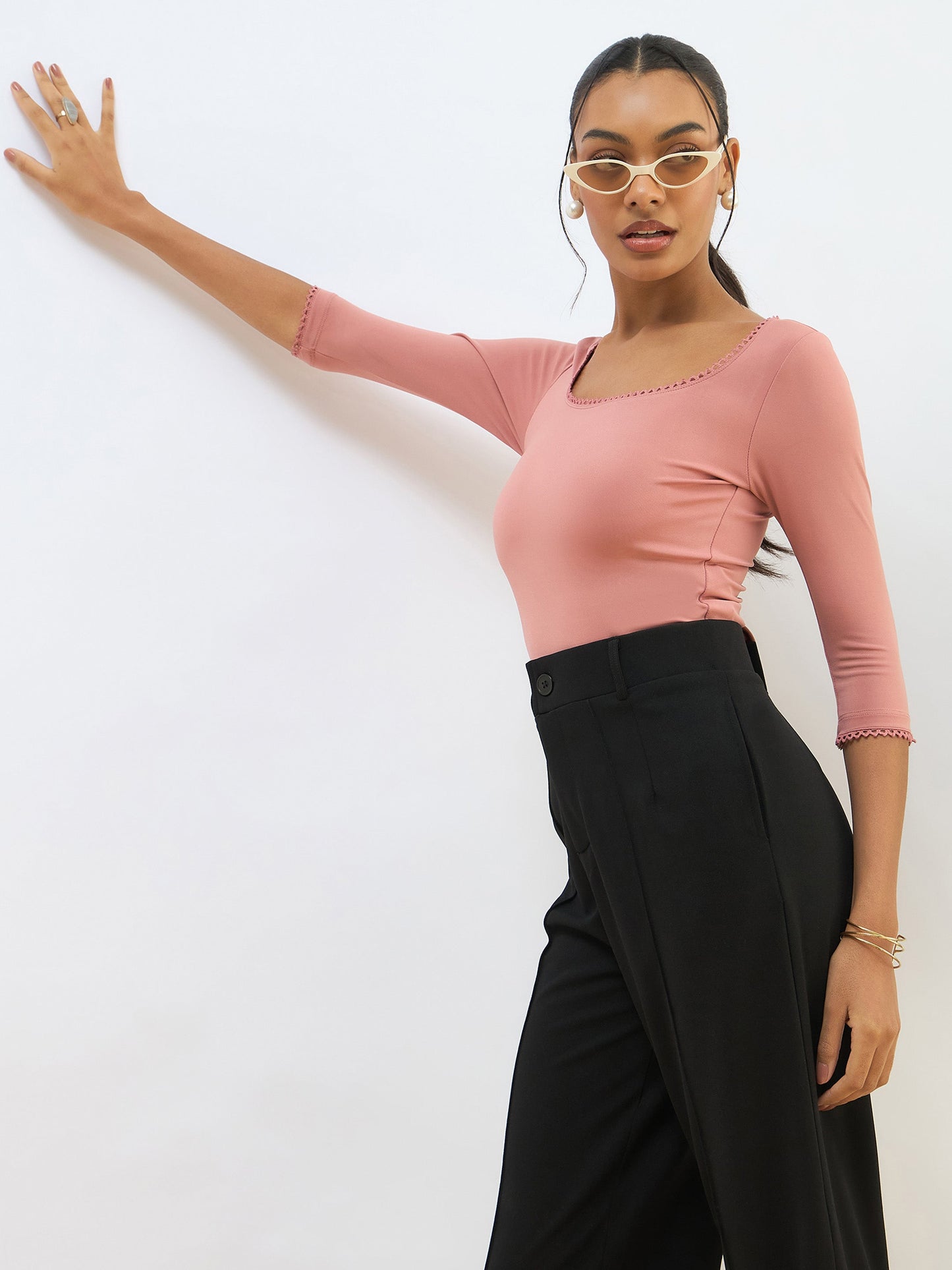 Pink Knitted Lace Detail Crop Top