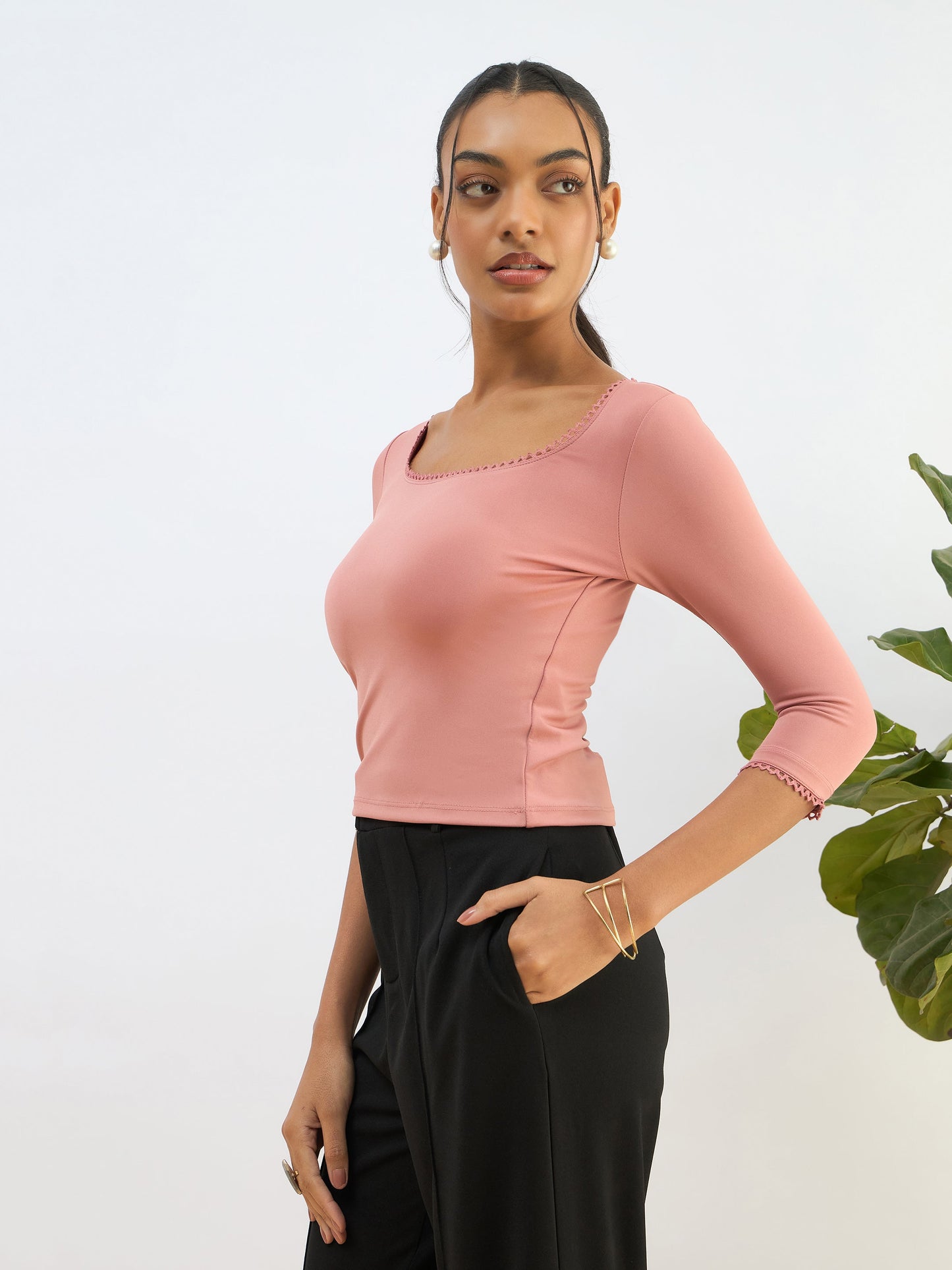 Pink Knitted Lace Detail Crop Top