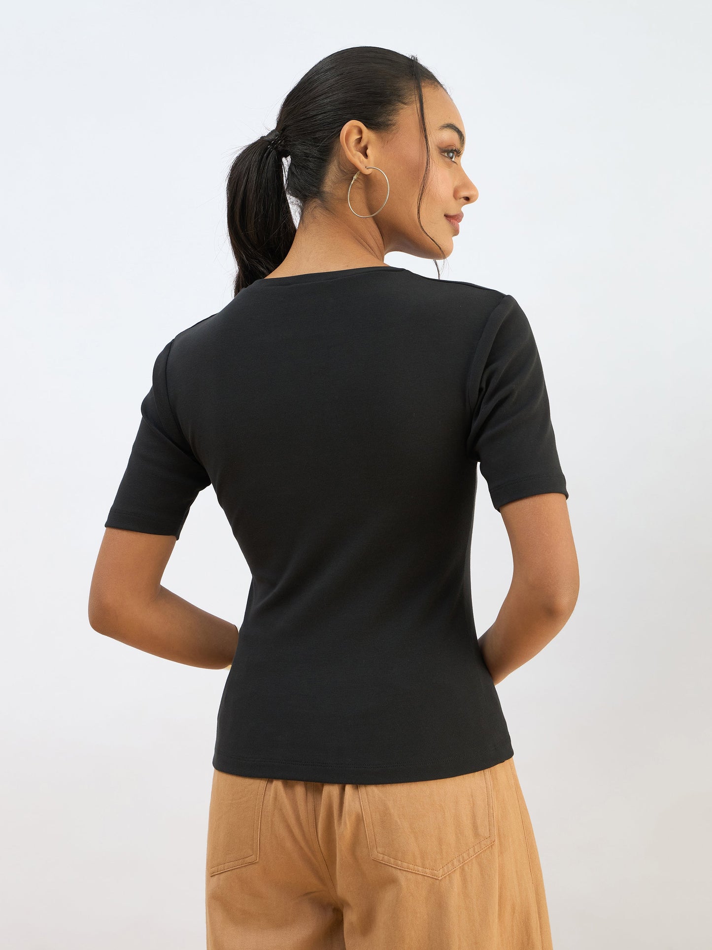 Black Rib Short Sleeves Top