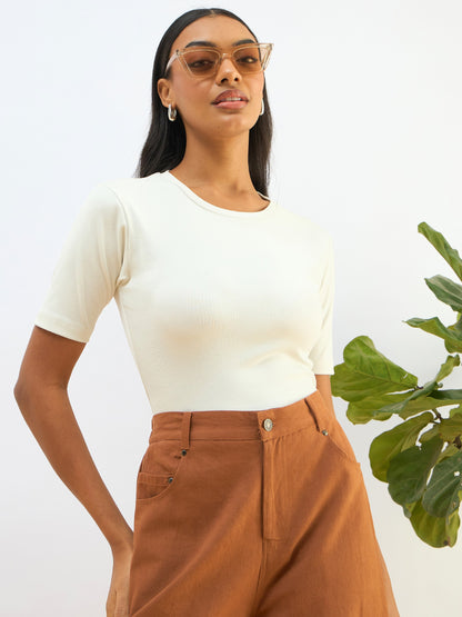 White Rib Short Sleeves Top