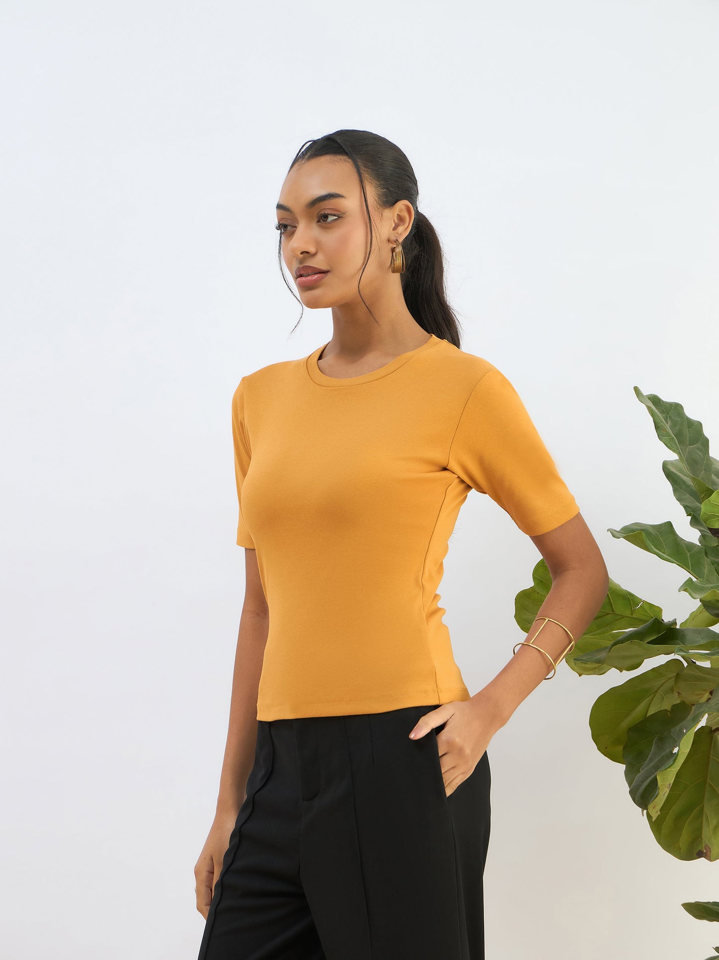 Women Mustard Rib Short Sleeves Top