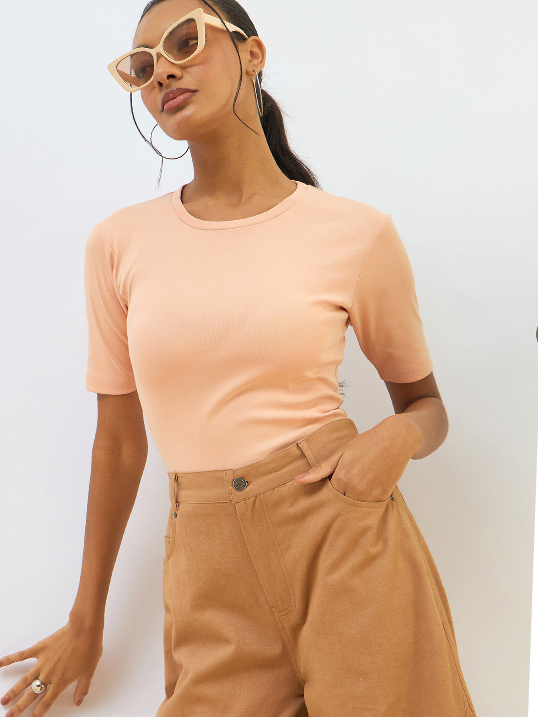 Women Peach Rib Short Sleeves Top