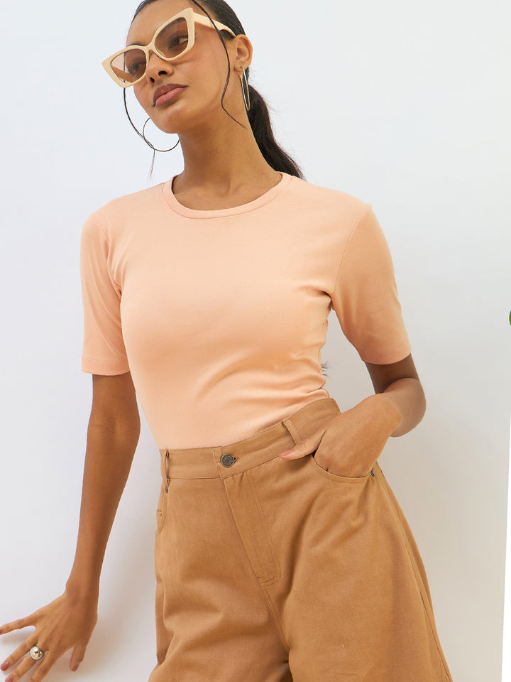 Women Peach Rib Short Sleeves Top