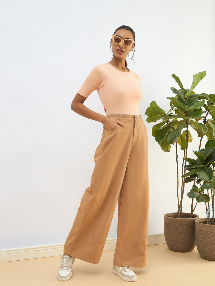 Women Peach Rib Short Sleeves Top