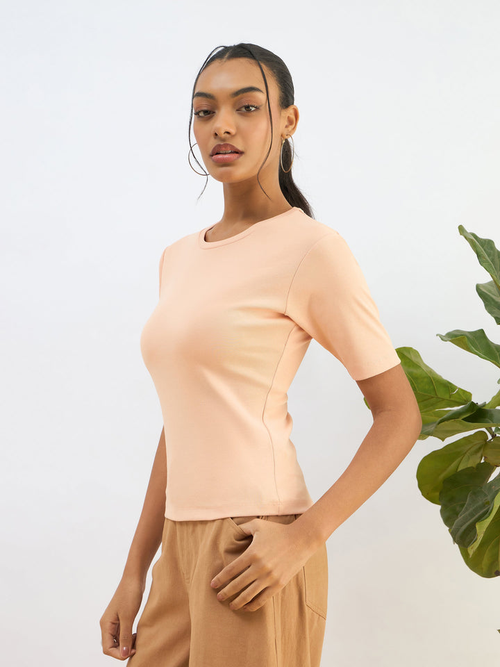 Women Peach Rib Short Sleeves Top