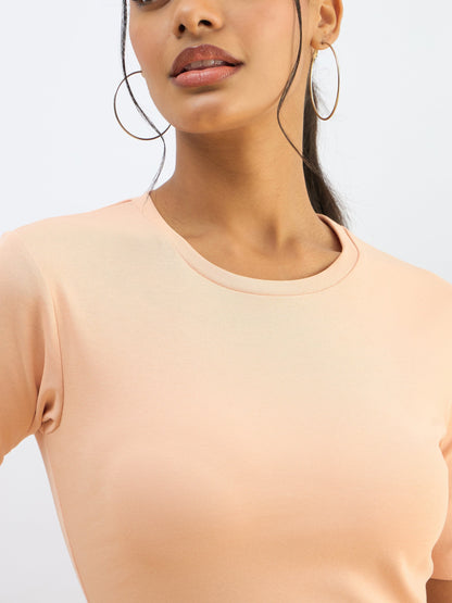 Women Peach Rib Short Sleeves Top