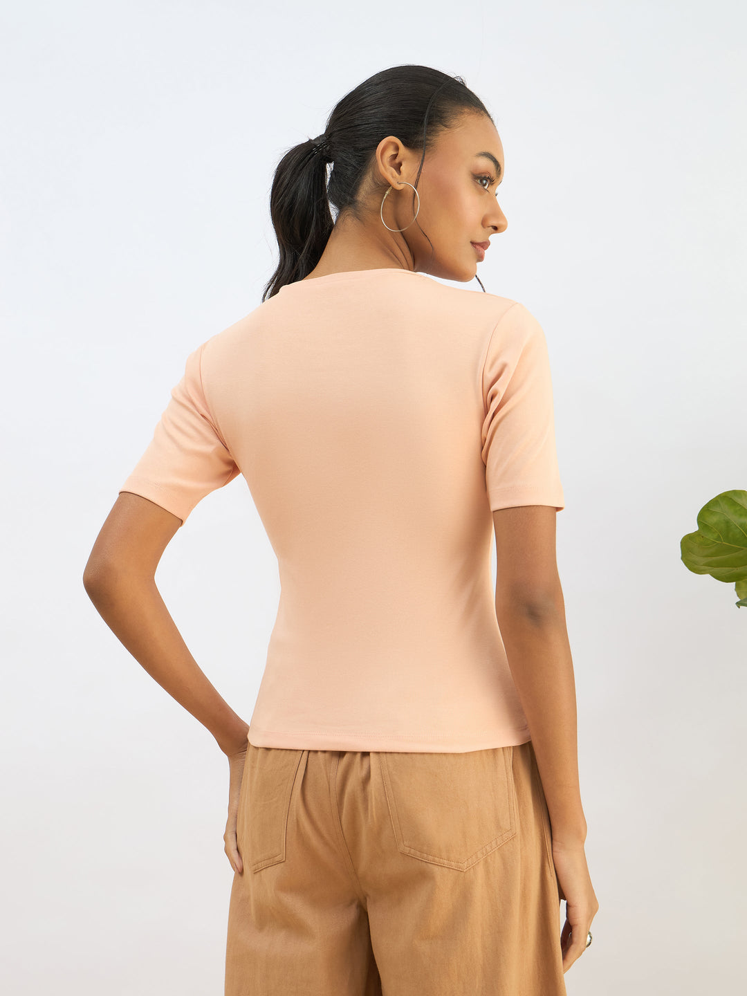 Women Peach Rib Short Sleeves Top