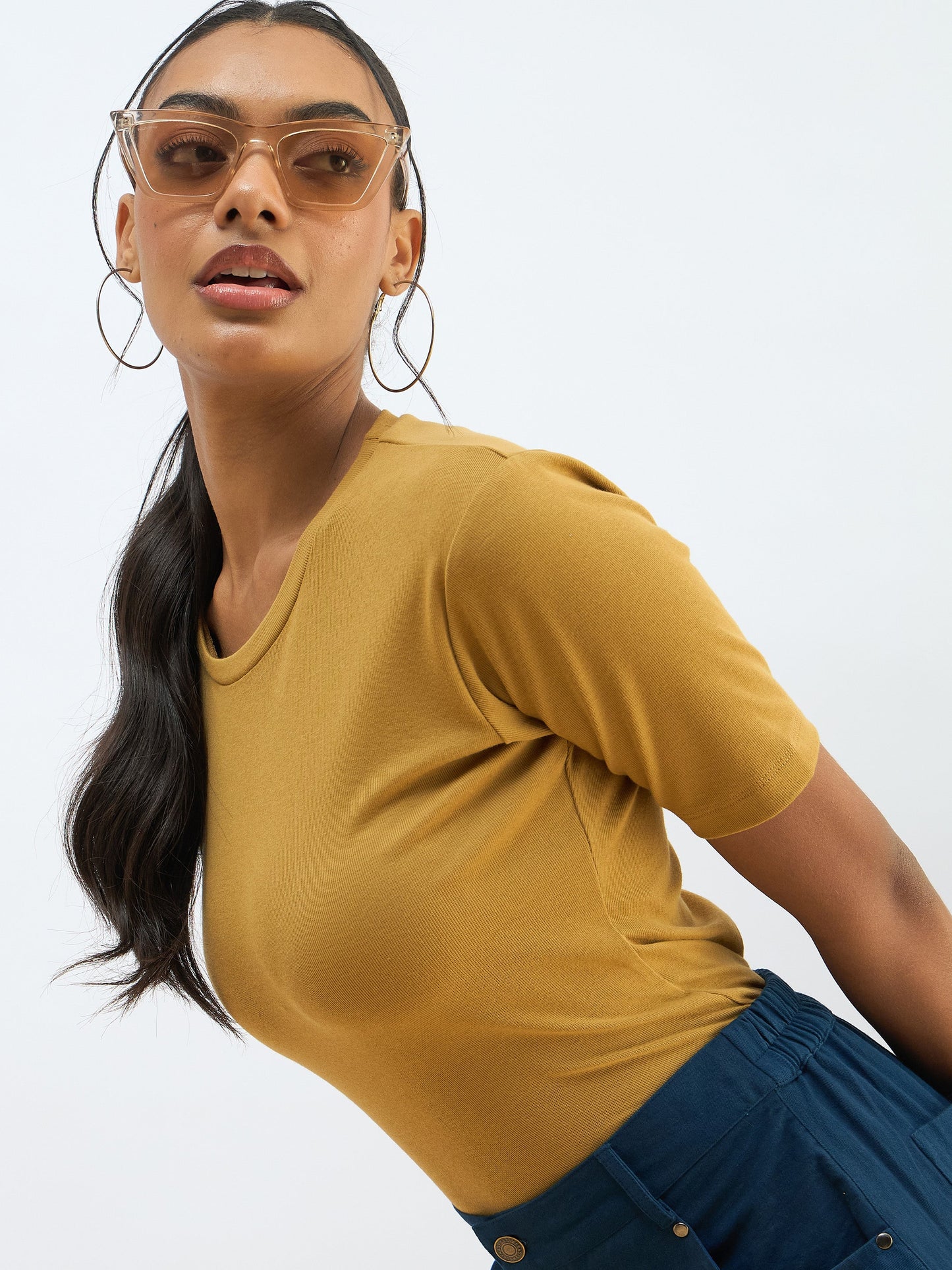 Women Khaki Rib Short Sleeves Top