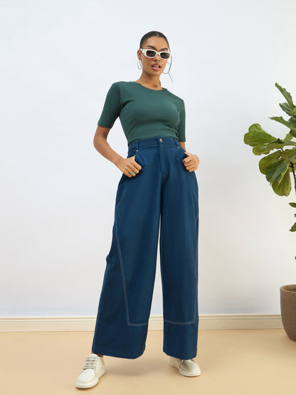 Women Green Rib Short Sleeves Top