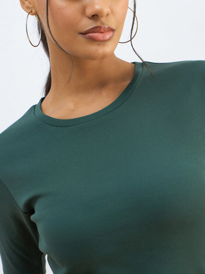 Women Green Rib Short Sleeves Top