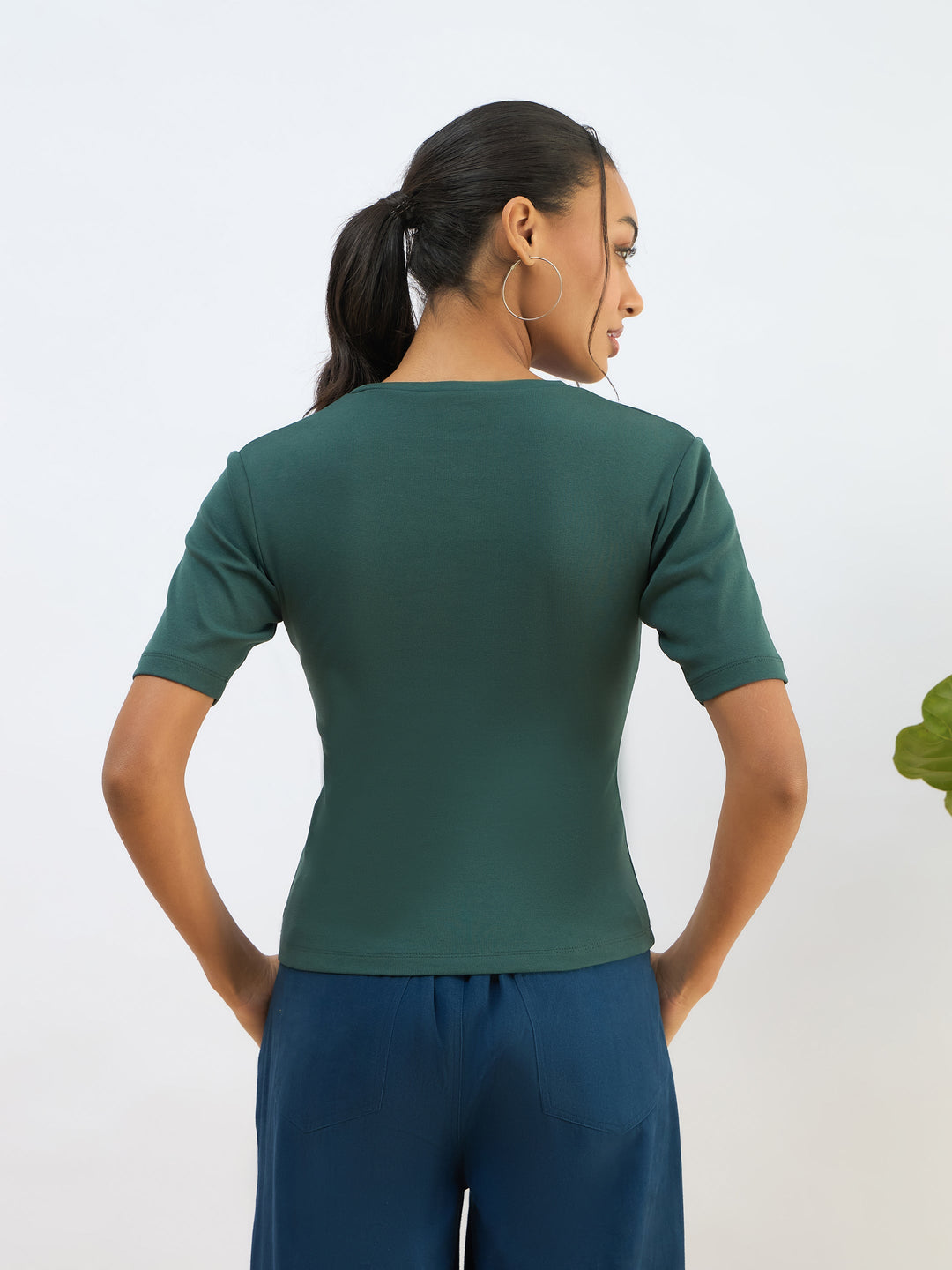 Women Green Rib Short Sleeves Top