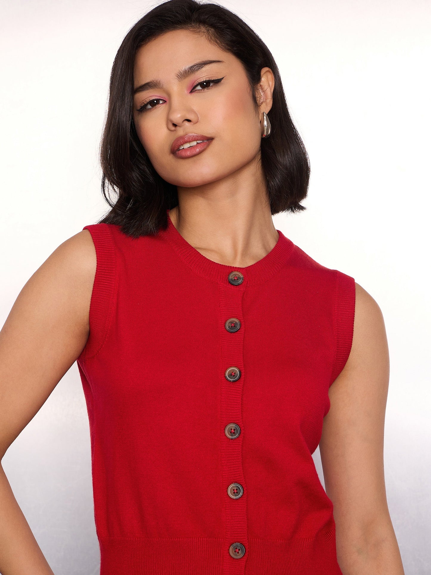 Women Red Kniited Round Neck Button Down Top