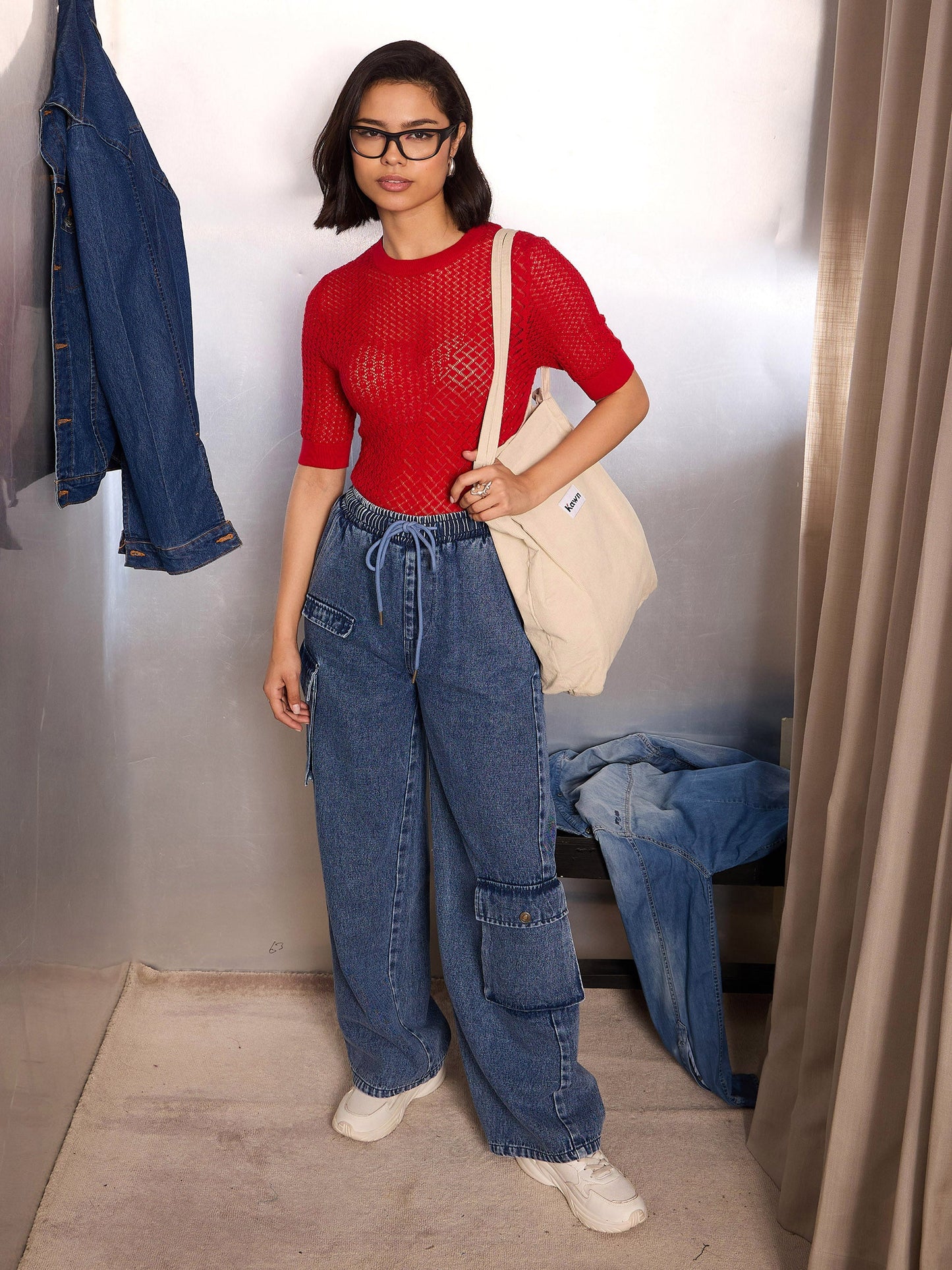 Women Red Crochet Round Neck Half Sleeve Top