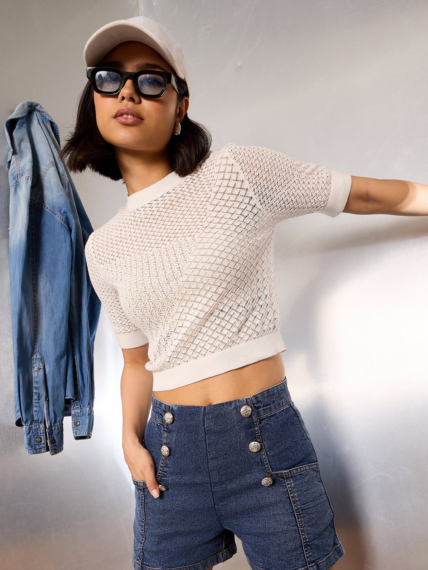 Off-White Crochet Round Neck Half Sleeve Top