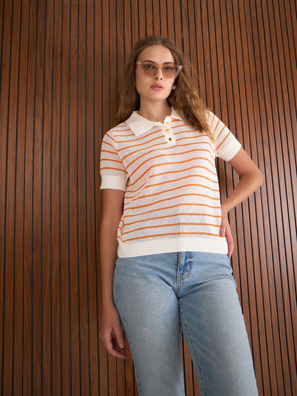 Women Orange & White Crochet Stripes Polo T-Shirt