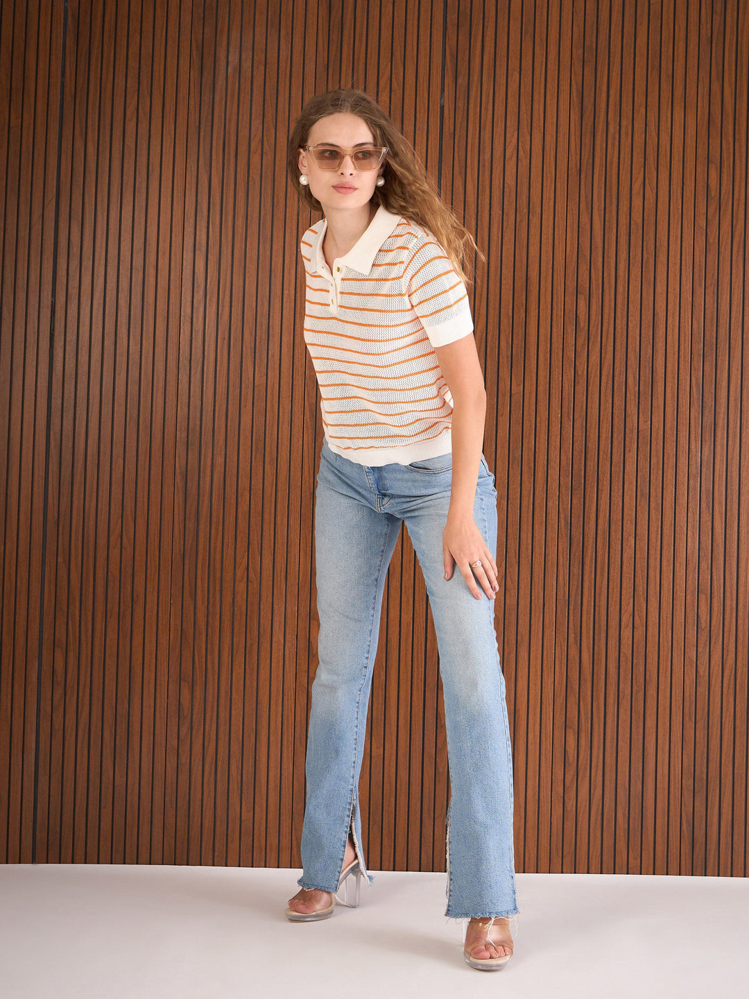Women Orange &amp; White Crochet Stripes Polo T-Shirt